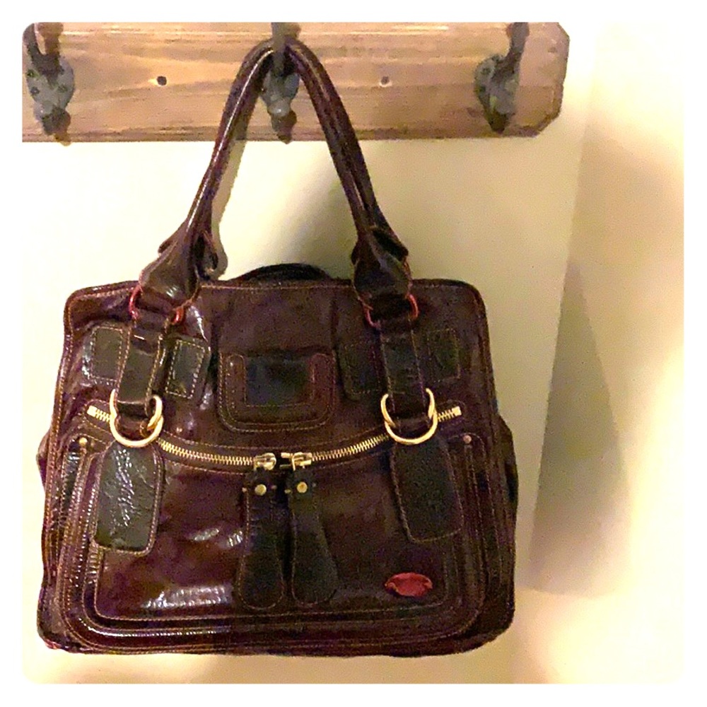 Chloe maroon patent handbag with gold hardware